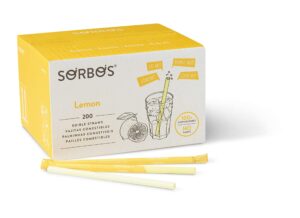 sorbos edible straws, lemon flavored, sustainable, individually packaged, no plastic, no allergens, no gluten, no pfas, 100 percent biodegradable, 7.4 inches long (pack of 200)