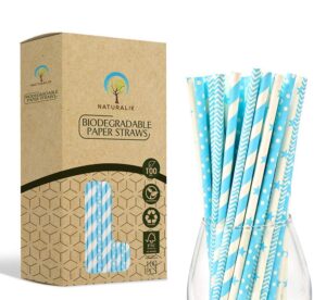 naturalik 100-pack light blue biodegradable paper straws- extra durable- baby shower decorations for boy, gender reveal party supplies, birthday party straws, blue paper straws
