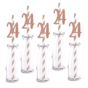 rose happy 24th birthday straw decor, rose gold glitter 24pcs cut-out number 24 party drinking decorative straws, supplies