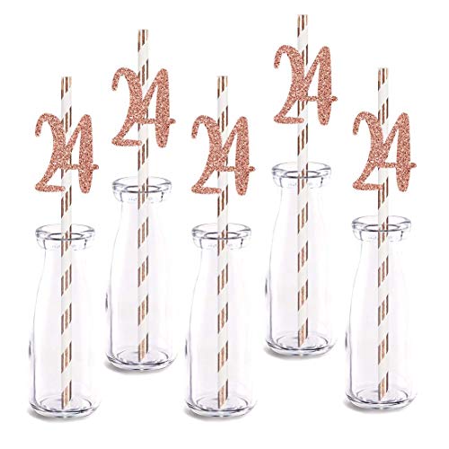 Rose Happy 24th Birthday Straw Decor, Rose Gold Glitter 24pcs Cut-Out Number 24 Party Drinking Decorative Straws, Supplies