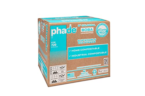 phade Eco-Friendly 9.0" Colossal/Boba Drinking Straws 720 Count - Sustainable Marine Biodegradable, Compostable, Un-wrapped, 4 Pack