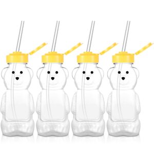 4 pieces juice bear bottles honey bear drinking bottles plastic reusable drinking cups with 4 pieces soft silicone straws for daily drinking supplies (yellow)