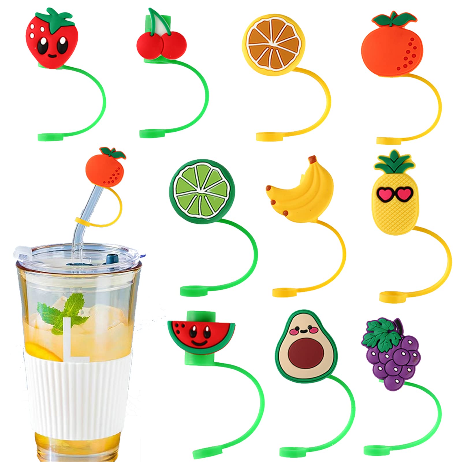 SAMOKA Silicone Straw Cover,10 PCS Straw Tip Cap Reusable Drinking Straw Toppers,Silicone Straw Plugs Reusable Fruit Shape Straw Protector