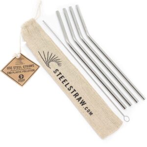 metal straws - 4 reusable stainless steel straws w/ cleaning brush in cloth bag - straw fits 20 ounce tumblers