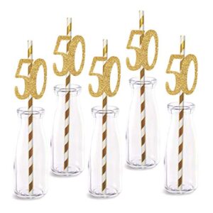 50th birthday paper straw decor, 24-pack real gold glitter cut-out numbers happy 50 years party decorative straws
