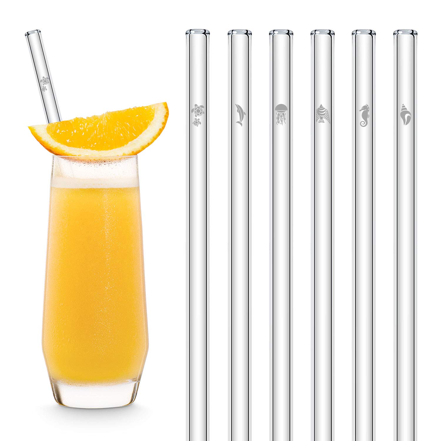 HALM Glass Straws - Sea Life Charity Edition - 6x 8 inch Reusable Drinking Straws with Ocean Animals - Cute Design - Dishwasher Safe - Eco-Friendly - Perfect for Smoothies - Made in Germany