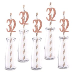 rose happy 32nd birthday straw decor, rose gold glitter 24pcs cut-out number 32 party drinking decorative straws, supplies
