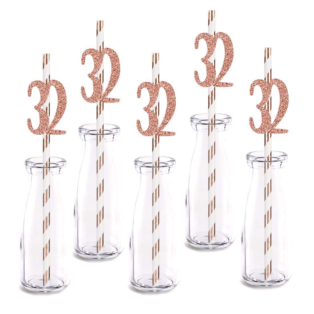 Rose Happy 32nd Birthday Straw Decor, Rose Gold Glitter 24pcs Cut-Out Number 32 Party Drinking Decorative Straws, Supplies