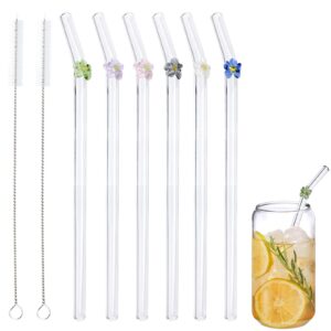 6pcs glass straws shatter resistant, colorful flower glass straws with design,7.9in x 8 mm bend glass reusable straw with 2 cleaning brushes for smoothies, milkshakes, juices, teas(transparent)