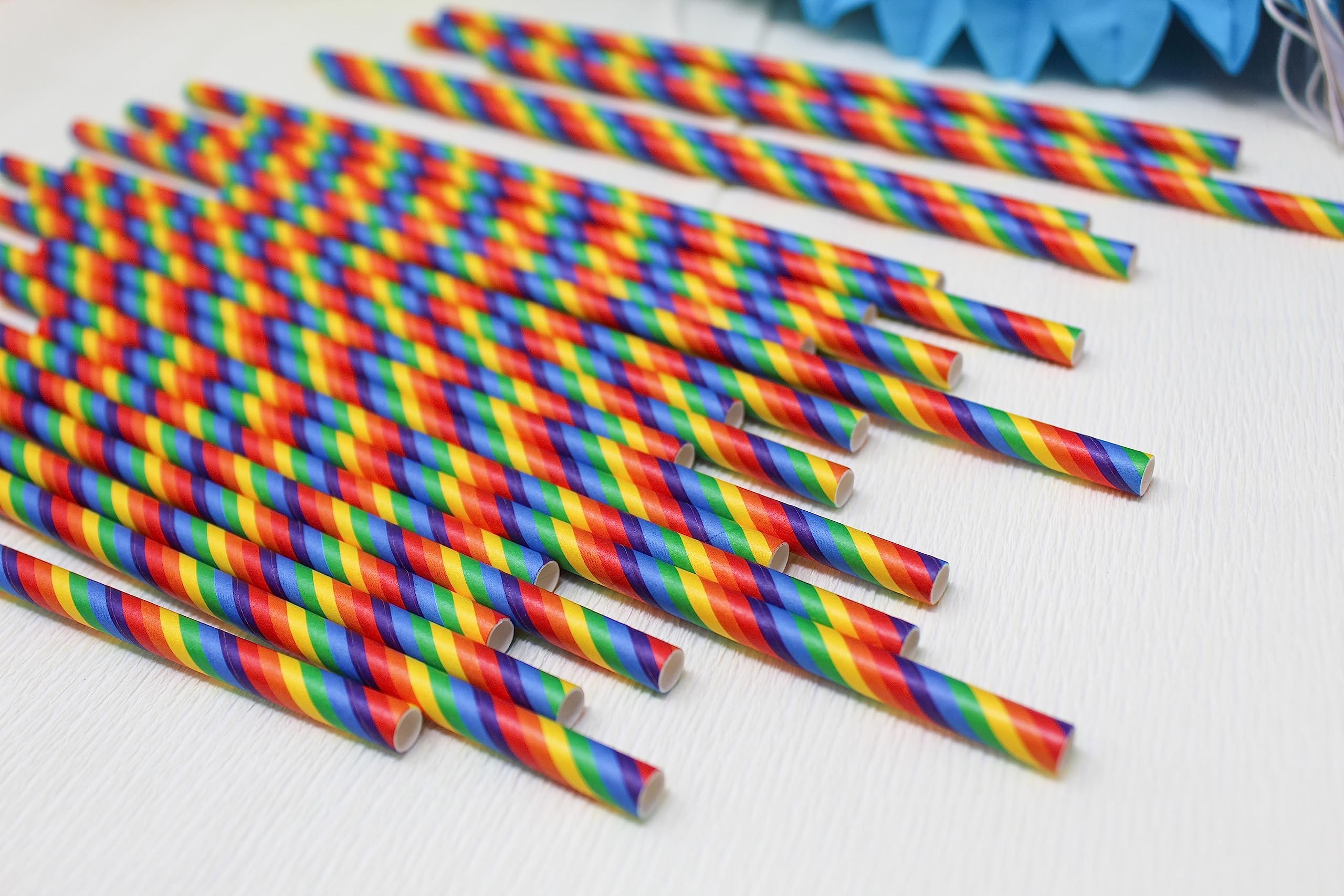 Just Artifacts Premium Disposable Drinking Striped Paper Straws (100pcs, Rainbow Pride)
