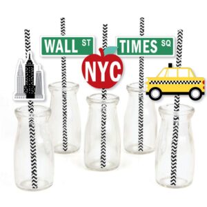 Big Dot of Happiness NYC Cityscape - Paper Straw Decor - New York City Party Striped Decorative Straws - Set of 24