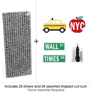 Big Dot of Happiness NYC Cityscape - Paper Straw Decor - New York City Party Striped Decorative Straws - Set of 24