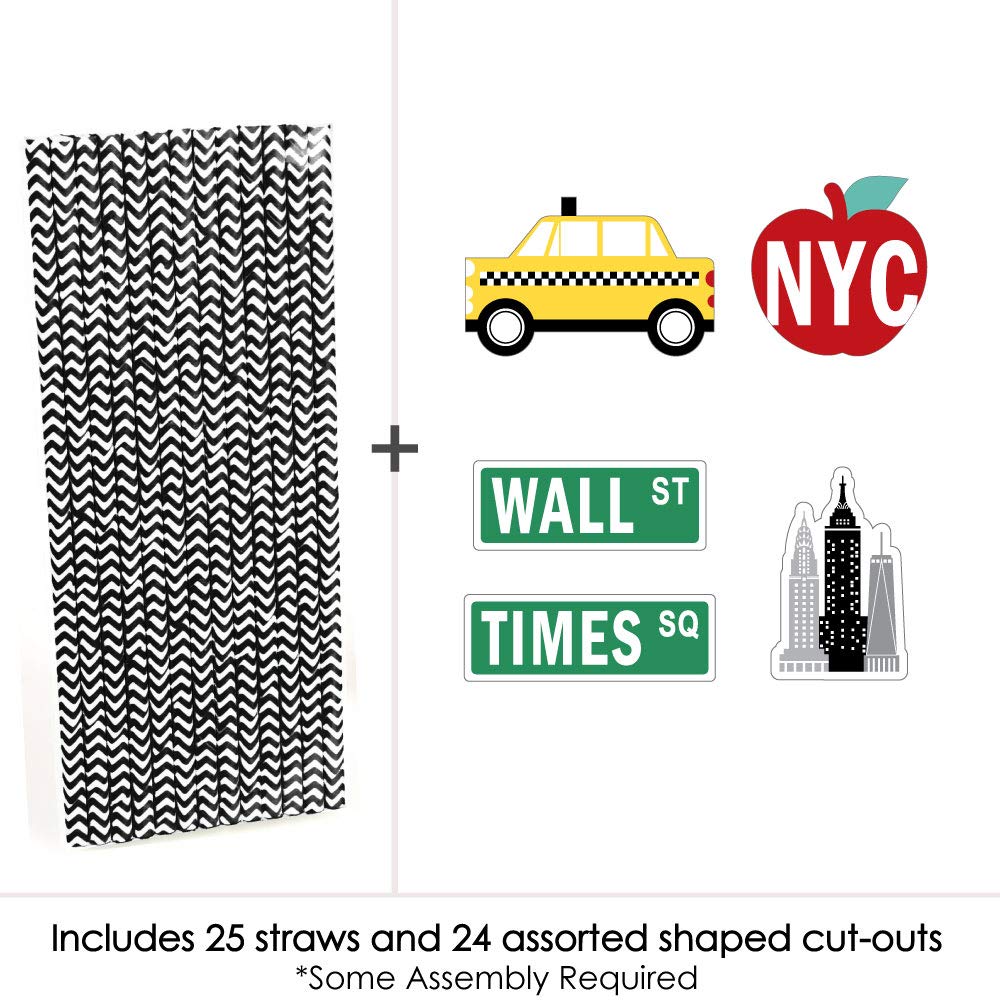 Big Dot of Happiness NYC Cityscape - Paper Straw Decor - New York City Party Striped Decorative Straws - Set of 24