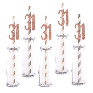 rose happy 31st birthday straw decor, rose gold glitter 24pcs cut-out number 31 party drinking decorative straws, supplies
