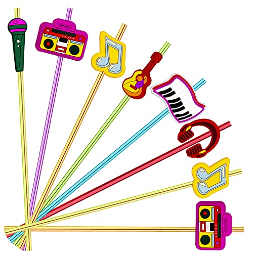 24 Pieces Music Straws for Drink Cocktail Straws Tik Tok Rock Star Rock Music Birthday Party Supplies Party Favor with 2 Pieces Cleaning Brush 6 Colors Straws