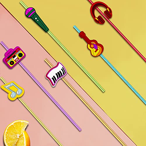 24 Pieces Music Straws for Drink Cocktail Straws Tik Tok Rock Star Rock Music Birthday Party Supplies Party Favor with 2 Pieces Cleaning Brush 6 Colors Straws