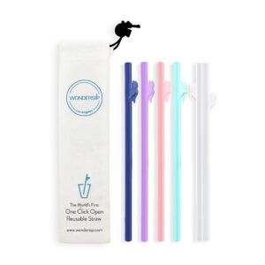 wondersip one-click open reusable drinking straw - one piece rigid designed in california, food grade pp, easy to clean - multi-color 5pcs pack (dolphin classic 8.5")
