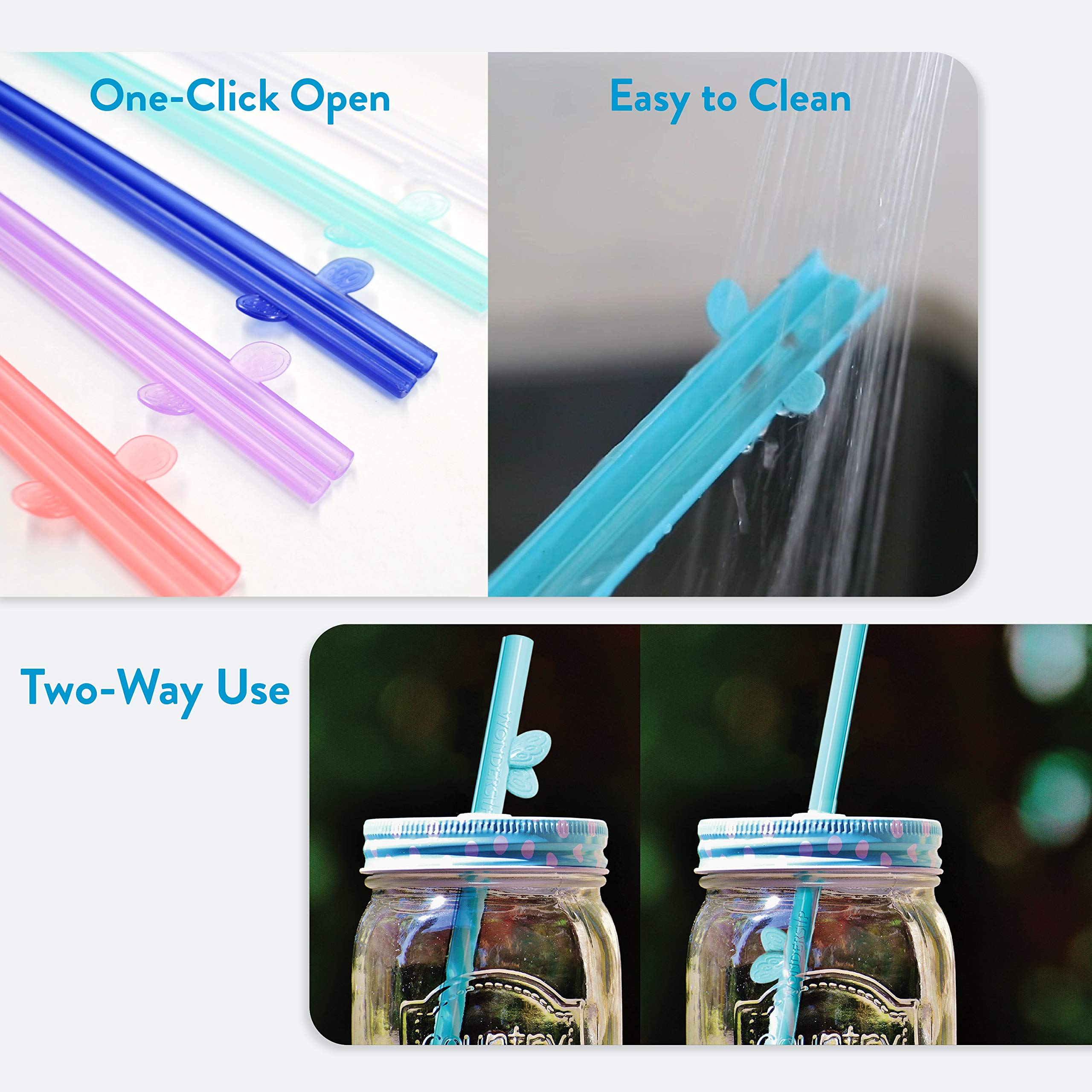 WonderSip One-Click Open Reusable Drinking Straw - One Piece Rigid Designed in California, Food Grade PP, Easy to Clean - Multi-Color 5PCs Pack (Dolphin Classic 8.5")