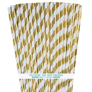 gold foil paper straws - striped - valentine - wedding party supply - 7.75 inches - 100 pack - outside the box papers brand