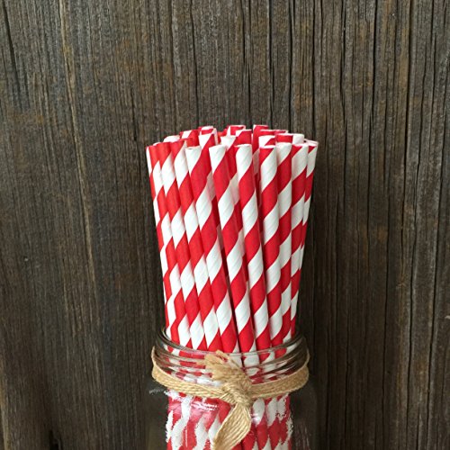 Red and White Striped Paper Straws - Valentine 4th of July Birthday Party Supply 7.75 Inches - Pack of 100 - Outside the Box Papers Brand