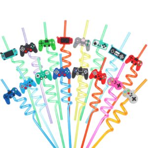 32 pieces game controller drinking straws reusable rainbow kids party straws for kids gamer birthday party supplies, game on party supplies