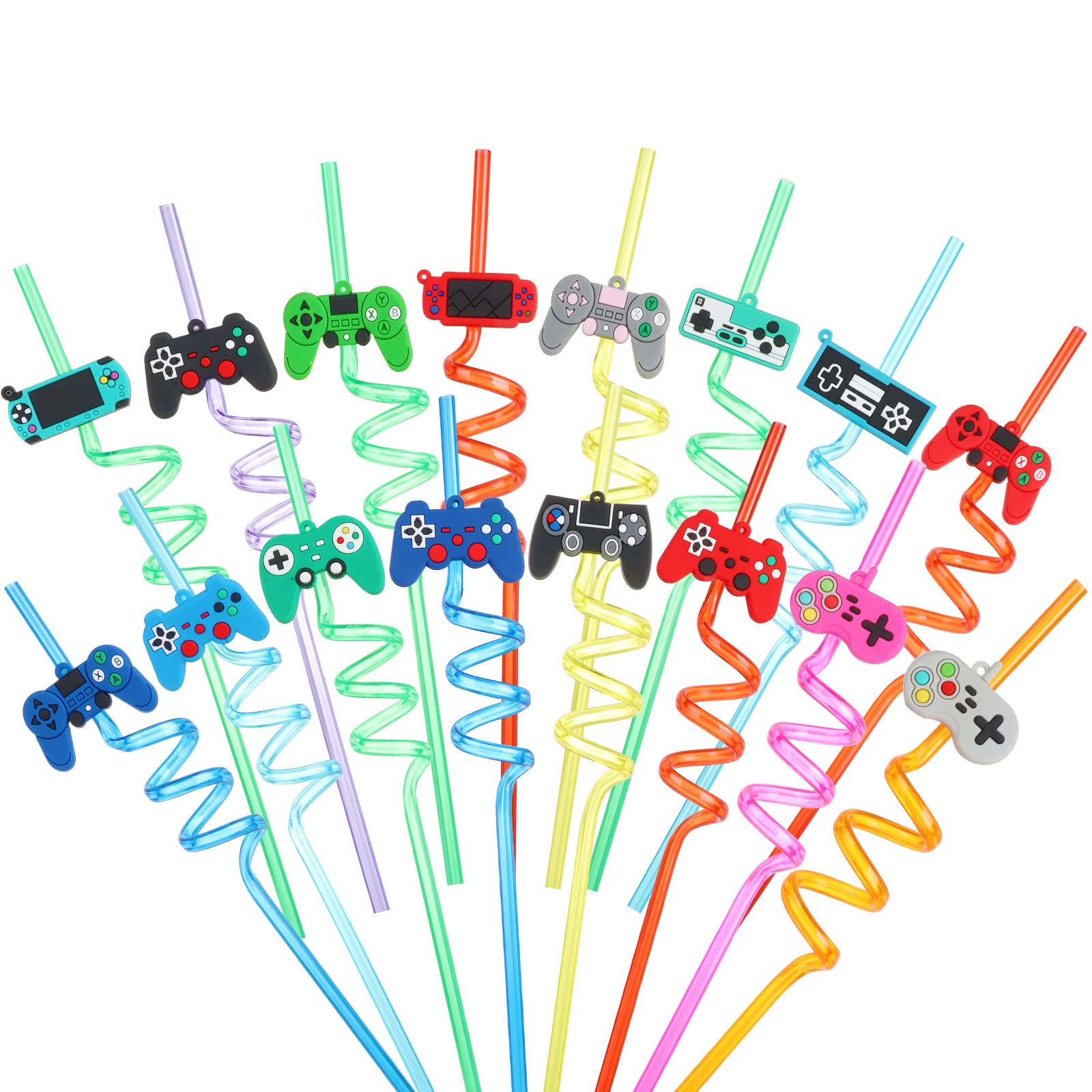 32 Pieces Game Controller Drinking Straws Reusable Rainbow Kids Party Straws for Kids Gamer Birthday Party Supplies, Game On Party Supplies