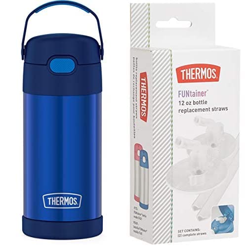 THERMOS FUNTAINER 12 Ounce Stainless Steel Vacuum Insulated Kids Straw Bottle, Blue and Thermos Replacement Straws for 12 Ounce Funtainer Bottle, Clear, 1 Pack