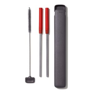 oxo good grips stainless steel 4 piece reusable straw set with case - red