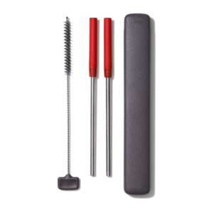 OXO Good Grips Stainless Steel 4 Piece Reusable Straw Set with Case - Red