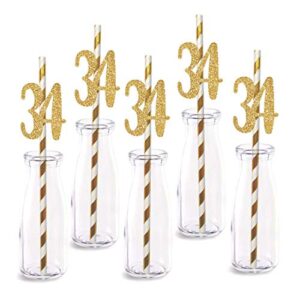 34th birthday paper straw decor, 24-pack real gold glitter cut-out numbers happy 34 years party decorative straws