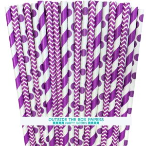 outside the box papers purple stripe, chevron and polka dot paper straws 7.75 inches 75 pack purple, white