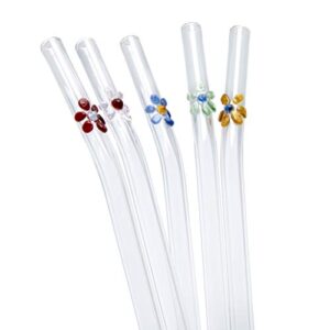 strawgrace handmade glass straws with coloured blossoms, bent - independently tested in de - set of 5 with cleaning brush - glass drinking straws, ideal for cocktail, smoothie etc - 23 cm x 8 mm
