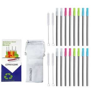 ezprogear 8 mm 5.75 inch short stainless steel reusable 16 pack drinking wide straw with silicone tips and canvas bag (16 short)