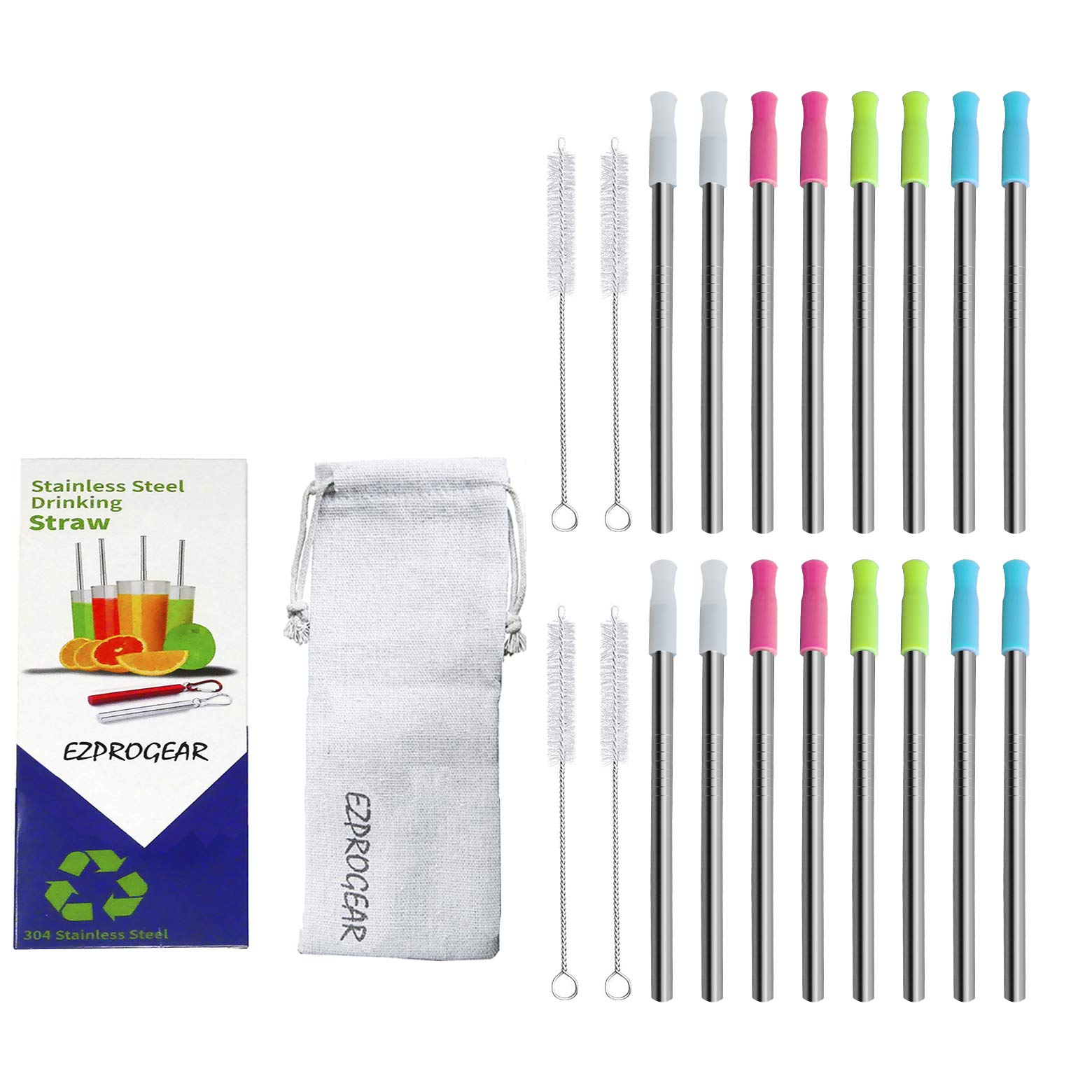 Ezprogear 8 mm 5.75 Inch Short Stainless Steel Reusable 16 Pack Drinking Wide Straw with Silicone Tips and Canvas Bag (16 Short)