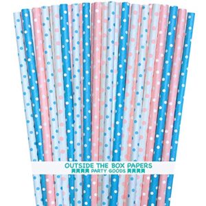 gender reveal paper straws - light blue pink white - polka dot - 7.75 inches - 100 pack - outside the box papers brand