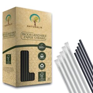 naturalik 300-pack black individually wrapped paper straws - 100% biodegradable premium paper straws bulk - drinking straws for juices, smoothies, restaurants (regular 7.7", black)