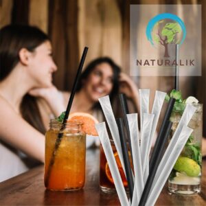 Naturalik 300-Pack Black Individually Wrapped Paper Straws - 100% Biodegradable Premium Paper Straws Bulk - Drinking Straws for Juices, Smoothies, Restaurants (Regular 7.7", Black)