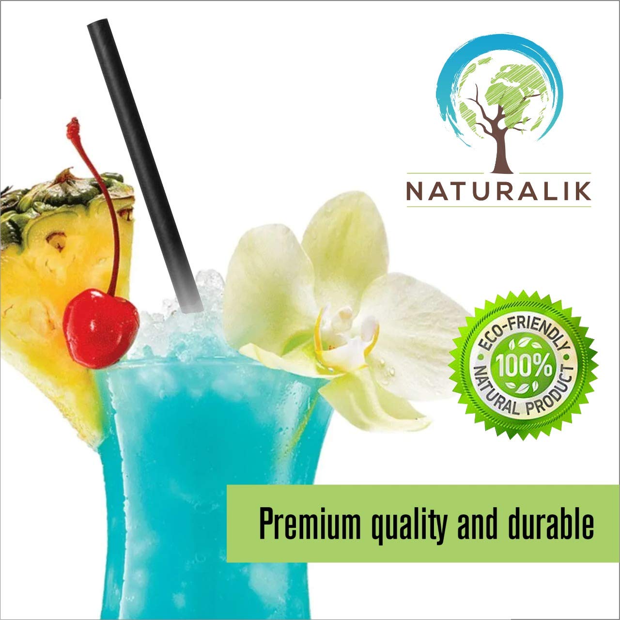 Naturalik 300-Pack Black Individually Wrapped Paper Straws - 100% Biodegradable Premium Paper Straws Bulk - Drinking Straws for Juices, Smoothies, Restaurants (Regular 7.7", Black)