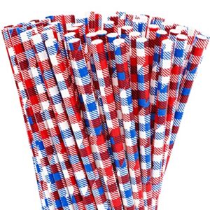 whaline 200pcs 4th of july plaids paper straws red blue white buffalo plaids disposable paper straws patriotic party drinking straws for independence day memorial day usa themed party supply