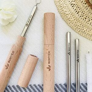 Reusable Metal Stainless Steel Straws: 2 Travel Reusable Straws + 1 Wooden Case + 1 Cotton Cleaning Brush + 1 Pouch, for Hot and Cold Drinks, Portable for Personal Use, 8.5 inches, by Ecotribe