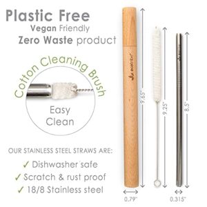 Reusable Metal Stainless Steel Straws: 2 Travel Reusable Straws + 1 Wooden Case + 1 Cotton Cleaning Brush + 1 Pouch, for Hot and Cold Drinks, Portable for Personal Use, 8.5 inches, by Ecotribe