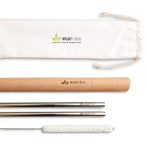 Reusable Metal Stainless Steel Straws: 2 Travel Reusable Straws + 1 Wooden Case + 1 Cotton Cleaning Brush + 1 Pouch, for Hot and Cold Drinks, Portable for Personal Use, 8.5 inches, by Ecotribe