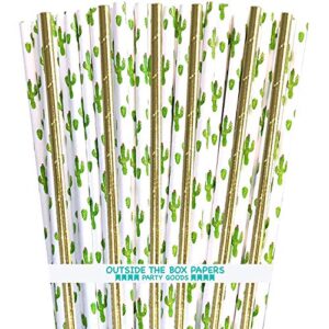 cactus theme paper straws - green white succulents and gold foil drinking straws - 100 pack outside the box papers brand
