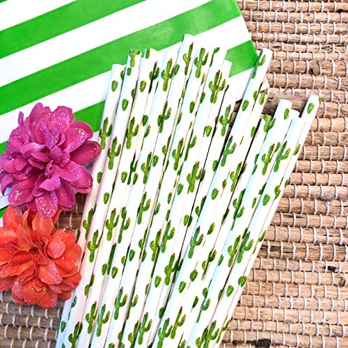 Cactus Theme Paper Straws - Green White Succulents and Gold Foil Drinking Straws - 100 Pack Outside the Box Papers Brand