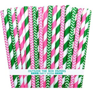 outside the box papers kelly green and pink chevron and stripe paper straws 7.75 inches 100 pack kelly green, pink, white