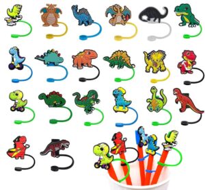20pcs silicone dinosaur straw cover pack reusable drinking straw caps lids dust-proof straw plugs for straw tips for kids birthday party favors school carnival reward prizes decoration supplies