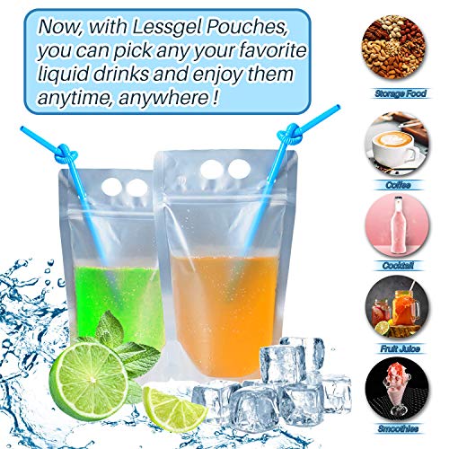 Leesgel Drink Pouches Container for Adults with Straws of Individually Wrapped & Funnel, Upgraded Anti-Leaked Stand-up Reusable Smoothie Bags for Cold & Hot Drinks, Juice, Smoothie