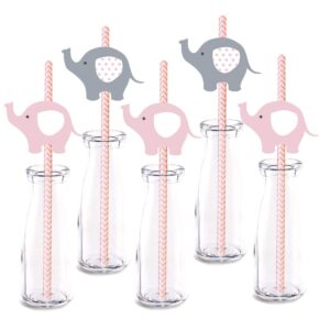 pink elephant party straw decor, 24-pack girl baby shower birthday party supply decorations, paper decorative straws