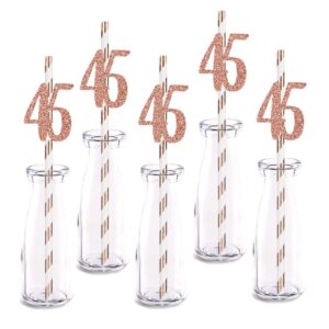rose happy 45th birthday straw decor, rose gold glitter 24pcs cut-out number 45 party drinking decorative straws, supplies