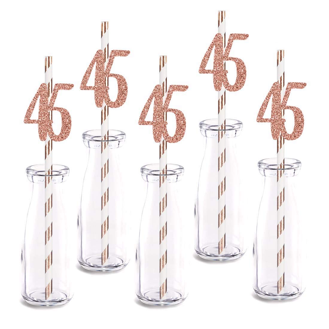 Rose Happy 45th Birthday Straw Decor, Rose Gold Glitter 24pcs Cut-Out Number 45 Party Drinking Decorative Straws, Supplies